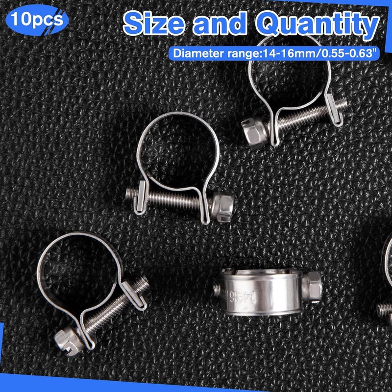 LEONTOOL 10pcs Stainless Steel Mini Fuel Line Pipe Hose Clamp Clip 14-16mm Fuel Injection Line Style Hose Clamp Adjustable Pipe Hose Clip Tube Clamps For Diesel Petrol Pipe (9/16" - 5/8"Dia) - Image 3